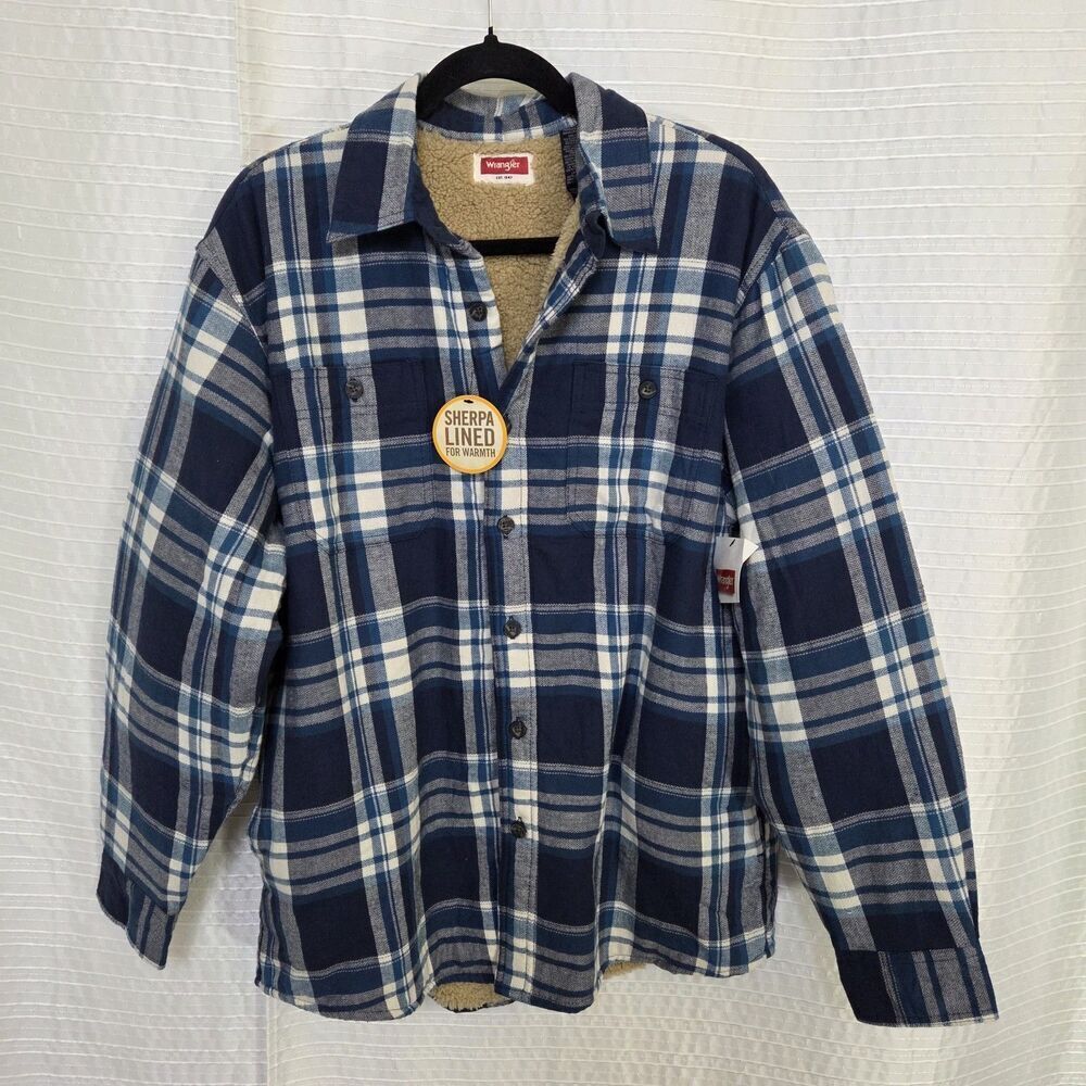 Wrangler Shirt Jacket Sherpa Lined Flannel Men’s M Pockets Blue/Green Plaid NWT